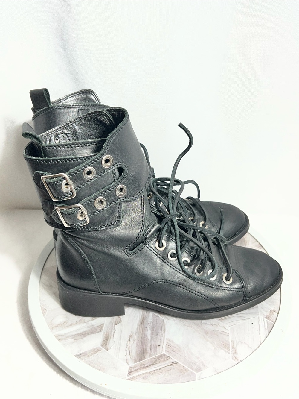 Zara Basic Collection Black Leather Combat Ankle Boots Women’s US 6 EU 36 - Picture 2 of 11